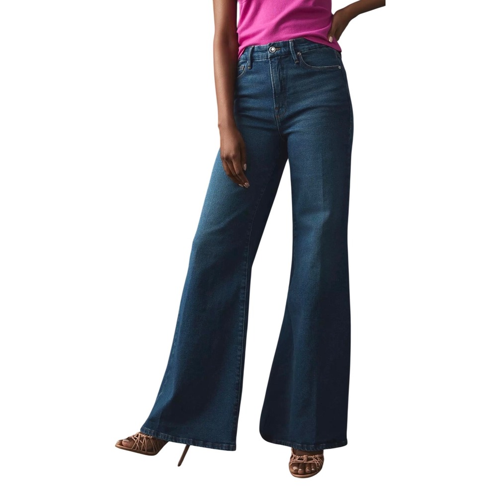 Good American Good Waist Palazzo Jeans Women Size 6/28 Blue High Rise Boho Retro
